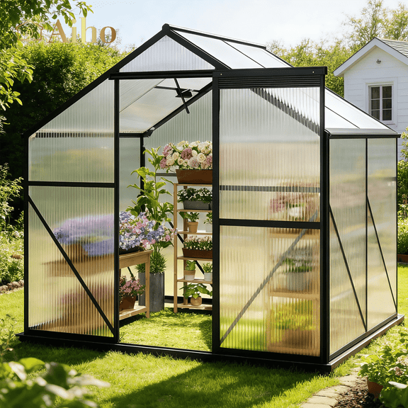 Aiho 6 X 4 Ft Outdoor Greenhouse, All Weather Aluminum Walk in Greenhouse with Adjustable Roof Vents, Perfect for Garden, Backyard, Black