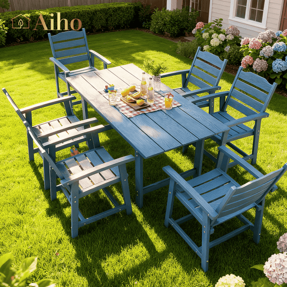 Aiho 7 Pieces Patio Table and Chairs Set, All-Weather HDPE Outdoor Dining Set with Umbrella Hole & 6 Dining Chairs, Perfect for Garden, Yard, Blue