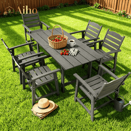 Aiho 7 Pieces Patio Table and Chairs Set, All-Weather HDPE Outdoor Dining Set with Umbrella Hole & 6 Dining Chairs, Perfect for Garden, Yard, Gray