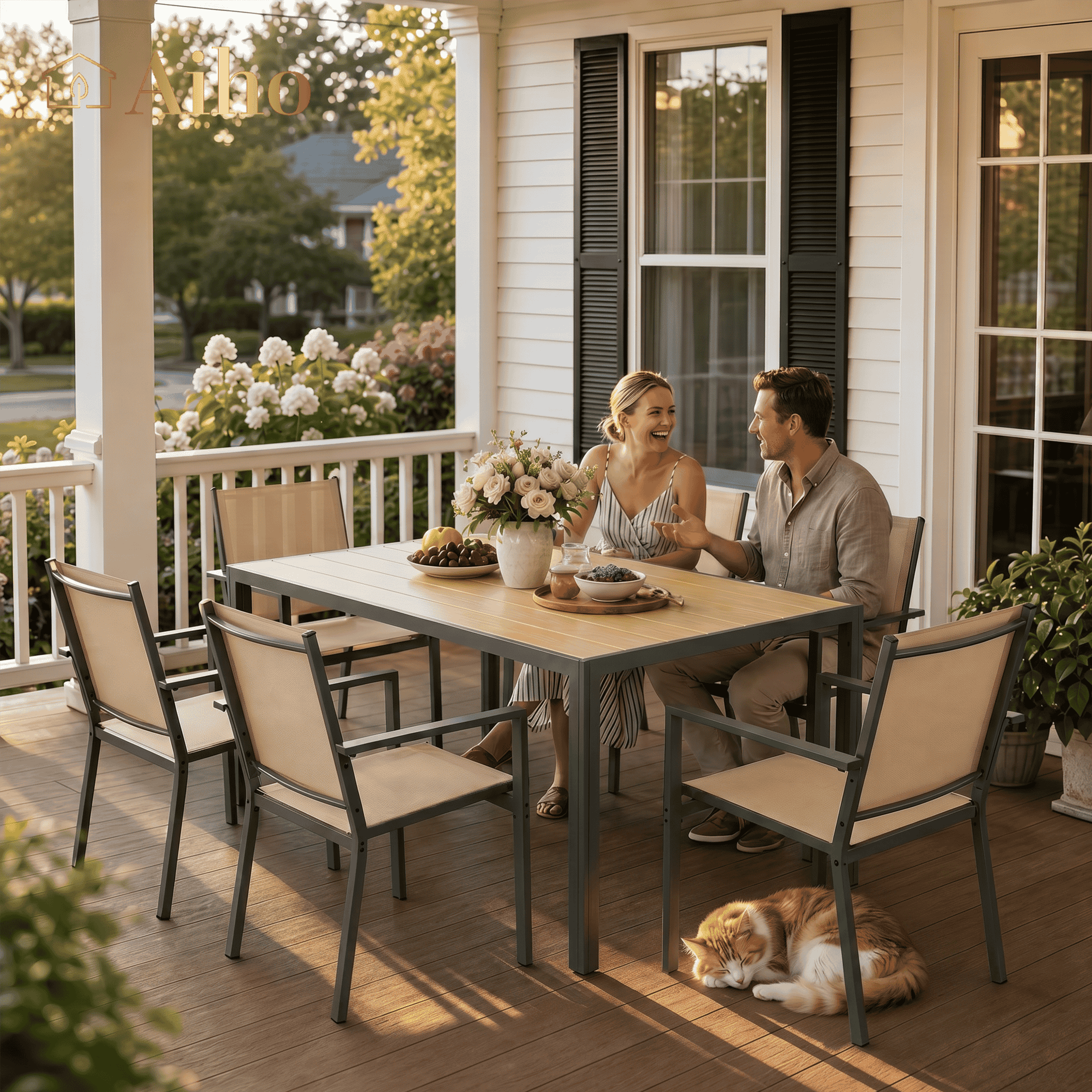 7 Pieces Patio Table and Chairs Set, Aiho Outdoor Dining Set for 6 with Umbrella Hole & Textilene Chairs, Weather Resistant for Yard, Porch, Garden - Brown