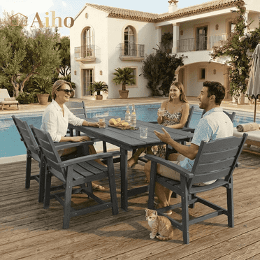 Aiho 7 Pieces Patio Table and Chairs Set, All-Weather HDPE Outdoor Dining Set with Umbrella Hole & 6 Dining Chairs, Perfect for Garden, Yard, Gray