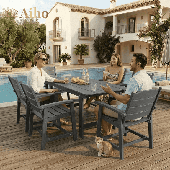 Aiho 7 Pieces Patio Table and Chairs Set, All-Weather HDPE Outdoor Dining Set with Umbrella Hole & 6 Dining Chairs, Perfect for Garden, Yard, Gray
