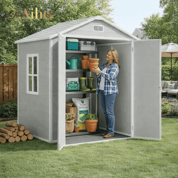 Aiho 6 X 4.4 Ft Outdoor Storage Shed, All Weather Resin Shed with Lockable Doors and Heavy Duty Floors, Perfect for Backyard, Garden, Gray