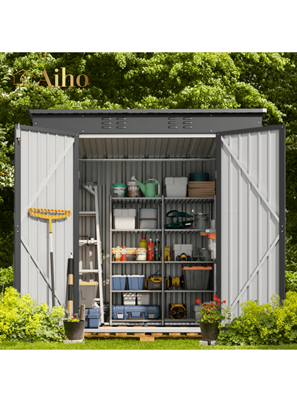 Aiho 6'x 4' Metal Outdoor Storage Shed for Patio Lawn Garden, Backyard - Gray