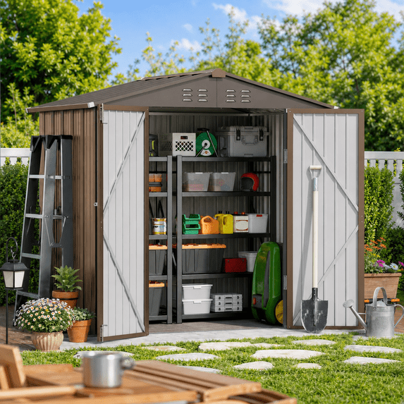 6' x 4' Outdoor Storage Shed on Sale, Aiho Shed & Outdoor Storage Clearance, Metal Storage Shed for Outside, Backyard, Garden & Patio - Light Brown