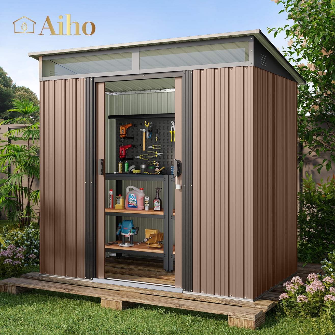 Aiho 6' x 4' Outdoor Storage Shed Clearance with Double Lockable Doors, Waterproof Shed Outdoor Storage for Garden, Natural