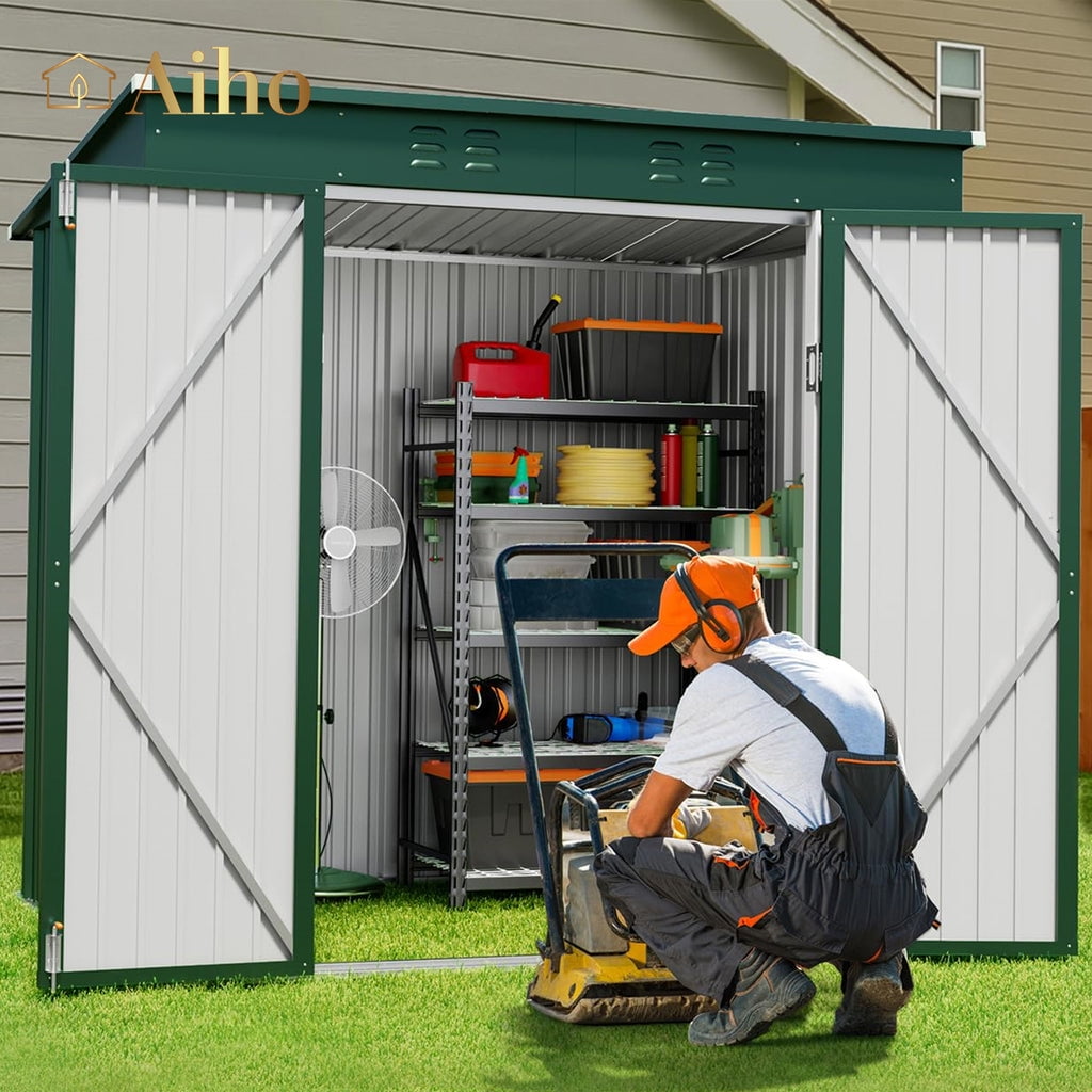Green 6' x 4' Metal Outdoor Storage Shed with Lockable Doors