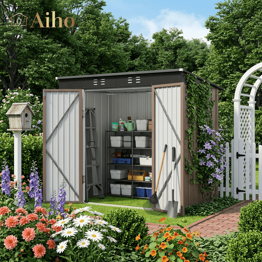 6x4 ft Outdoor Storage Shed on Sale, Sheds & Outdoor Storage with Lockable Doors, Metal Garden Shed by Durable Galvanized Steel for Patio, Lawn, Light Brown