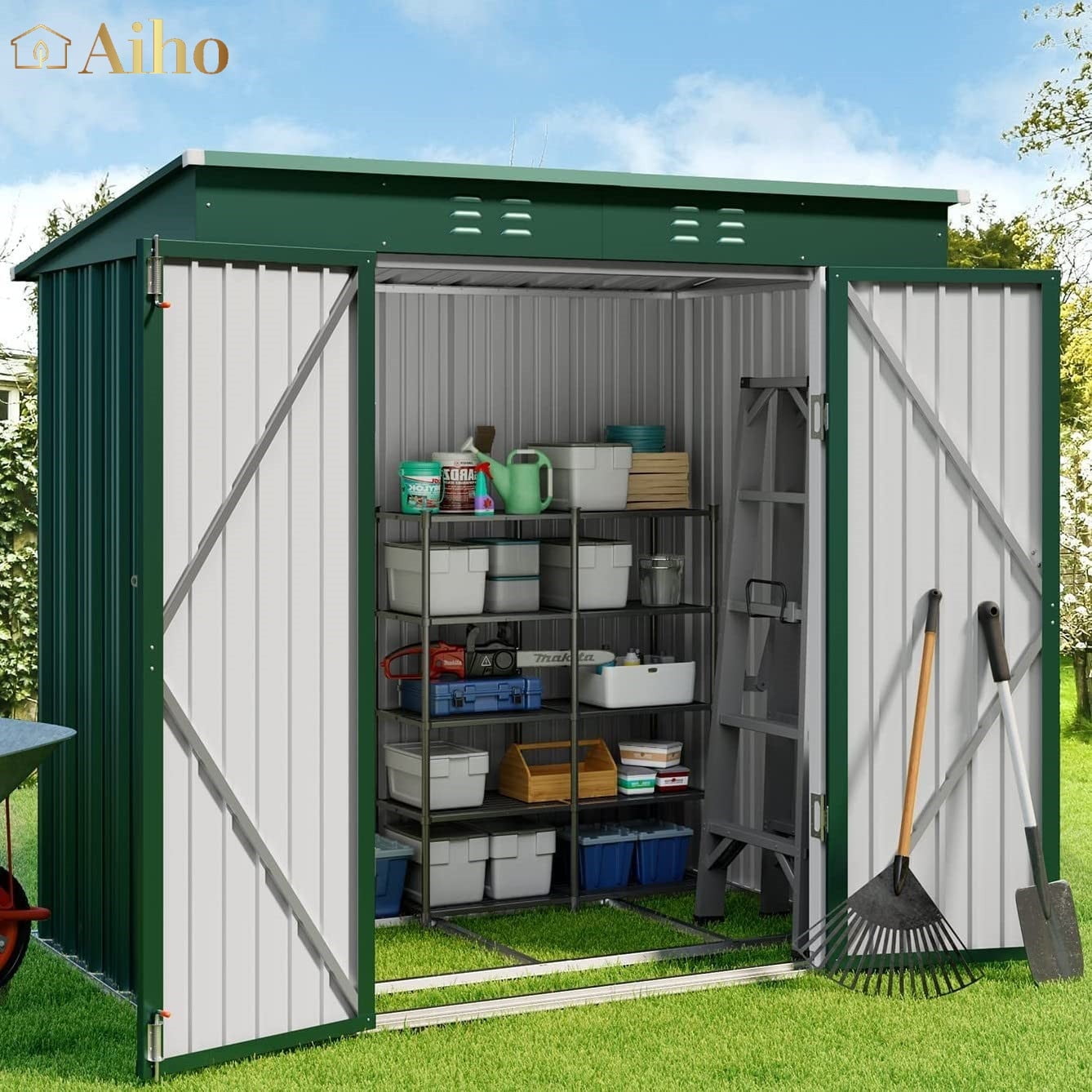 Aiho 6'x 4' Outdoor Storage Shed with Lockable Door for Garden Backyard Patio - Green - image 1 of 11