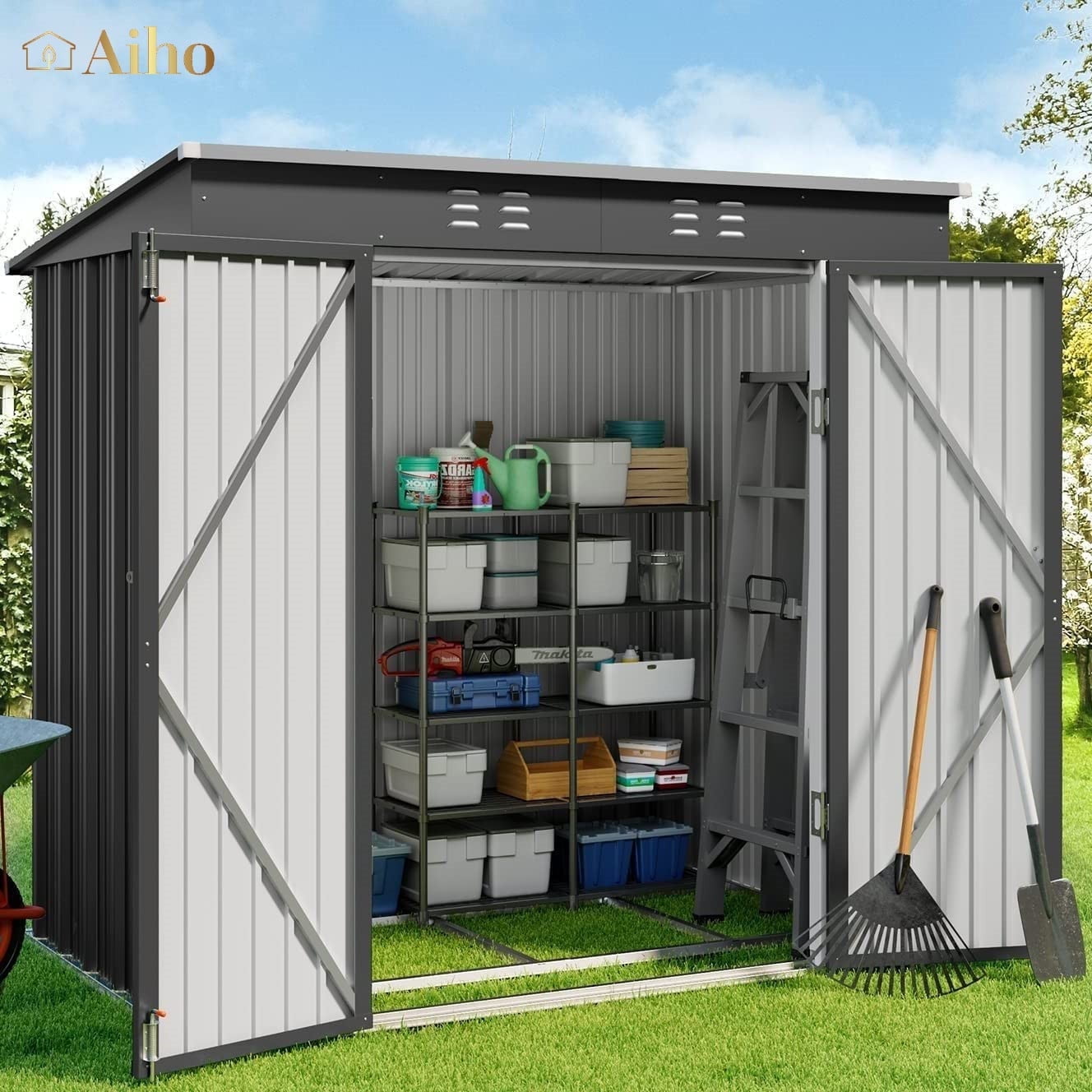 Aiho 6'x 4' Outdoor Storage Shed with Lockable Doors & basic frame for