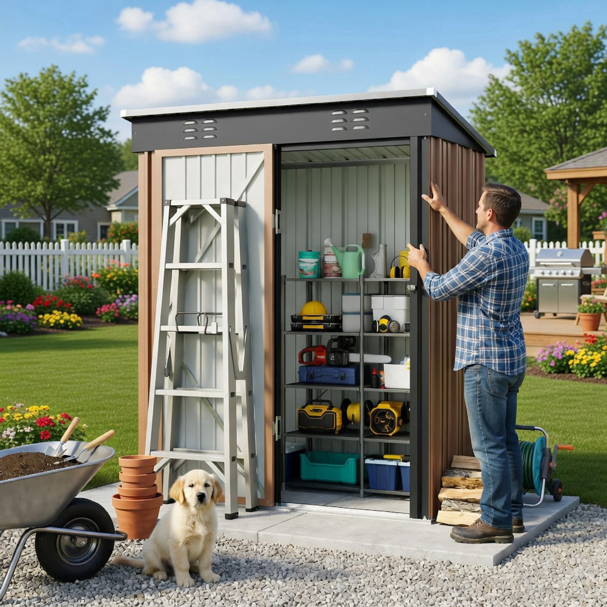 5'x3' Outdoor Storage Shed, Galvanized Metal Shed with Lockable Door & Air Vent, Weather-Resistant Shed for Backyard/Patio/Garden/Lawn, Brown