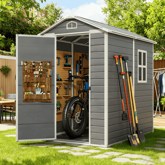 Aiho 6 x 4 FT Resin Storage Shed with Heavy Duty Floors, All Weather Plastic Storage Tool Shed with Lockable Doors, Window, Vents, Garden, Yard, Gray