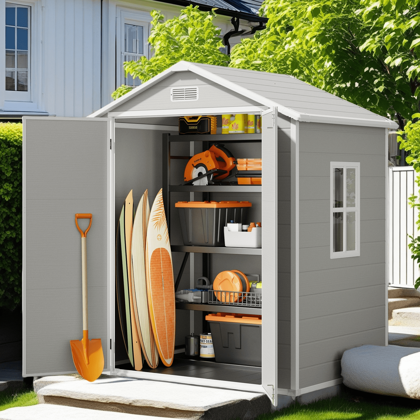 Aiho 6x4ft Plastics Garden Storage Shed - Strong Reinforced Floor, UV Resistant, 2 Lockable Doors, Gray