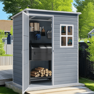 Aiho 5x3FT Weatherproof Resin Outdoor Shed w/Lock, Floor & Vent - Patio, Lawn, Bike & Toy Storage, Gray
