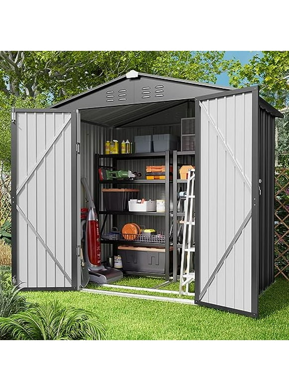 Aiho 6 x4 FT Outdoor Storage Shed with Metal Base Frame for Garden, Lawn, Outdoor, Patio- Grey