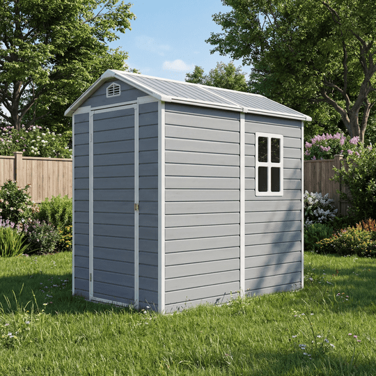 Aiho 6'x4' Outdoor Plastic Storage Shed with Window, Weather -Resistant, Easy Assembly, Wood-Effect Garden Tool House - Light Gray