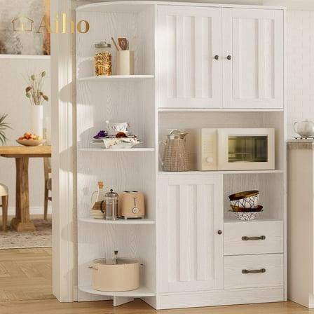 Aiho 60.4" Farmhouse Kitchen Pantry Storage Cabinet, Tall Kitchen Pantry, Freestanding Hutch with Doors & Shelves, Buffet Sideboard, Microwave Stand, Coffee Bar with Drawers, Cupboard - White
