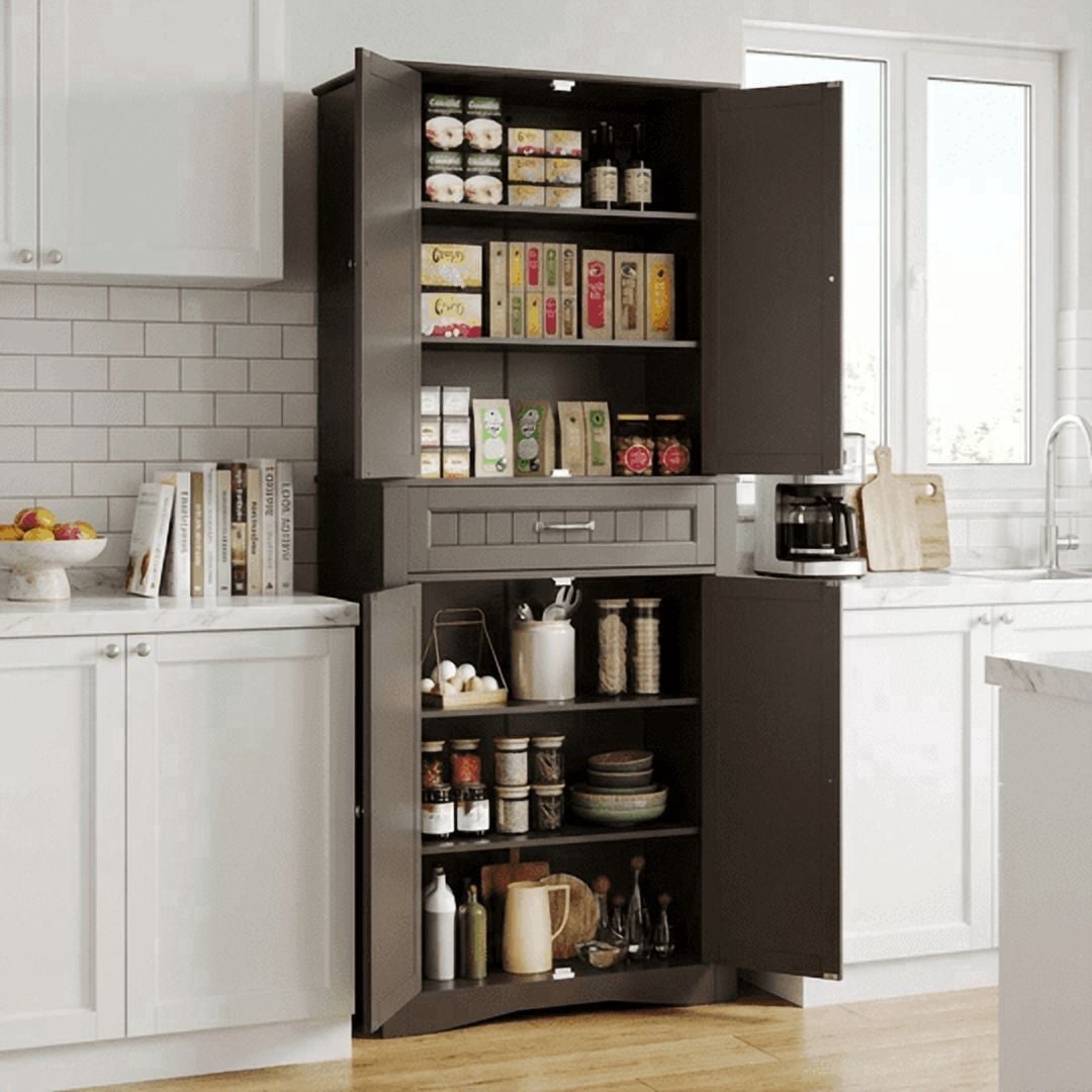 Aiho 71'' Kitchen Pantry Storage Cabinet, Freestanding Storage Cabinet with 4 Doors and 4 Adjustable Shelves for Kitchen, Bathroom, Living Room - Brown