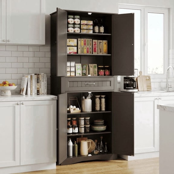 Aiho 71'' Kitchen Pantry Storage Cabinet, Freestanding Storage Cabinet with 4 Doors and 4 Adjustable Shelves for Kitchen, Bathroom, Living Room - Brown