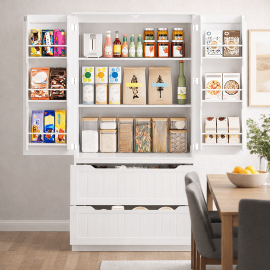 63" Kitchen Pantry Storage Cabinet, Tall Kitchen Pantry, Freestanding Hutch with Doors & Shelves, with Doors and Shelves - White