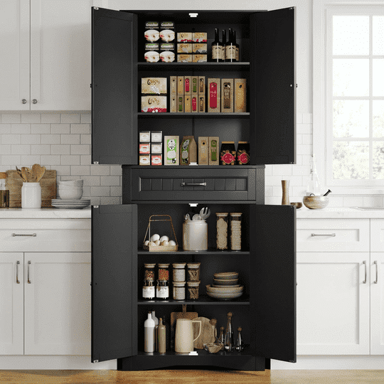 Aiho 71'' Kitchen Pantry Storage Cabinet, Freestanding Storage Cabinet with 4 Doors and 4 Adjustable Shelves for Kitchen, Bathroom, Living Room - Black