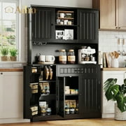Aiho 67.7" Farmhouse Kitchen Pantry Storage Cabinet, Tall Kitchen Pantry, Freestanding Hutch with Doors & Shelves, Buffet Sideboard, with Doors and Shelves - Black