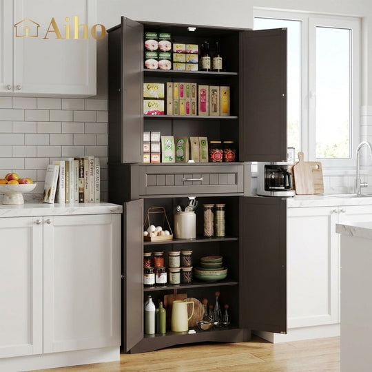Aiho 70.8" Farmhouse Kitchen Pantry Storage Cabinet, Tall Kitchen Pantry, Freestanding Hutch with Doors & Shelves, Buffet Sideboard, with Doors and Shelves - Brown