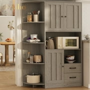 Aiho 60.4" Farmhouse Kitchen Pantry Storage Cabinet, Tall Kitchen Pantry, Freestanding Hutch with Doors & Shelves, Buffet Sideboard, Microwave Stand, Coffee Bar with Drawers, Cupboard - Gray