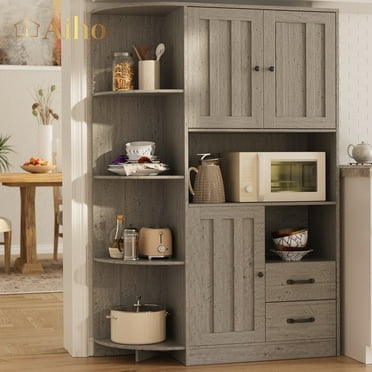 Aiho 60.4" Farmhouse Kitchen Pantry Storage Cabinet, Tall Kitchen Pantry, Freestanding Hutch with Doors & Shelves, Buffet Sideboard, Microwave Stand, Coffee Bar with Drawers, Cupboard - Gray