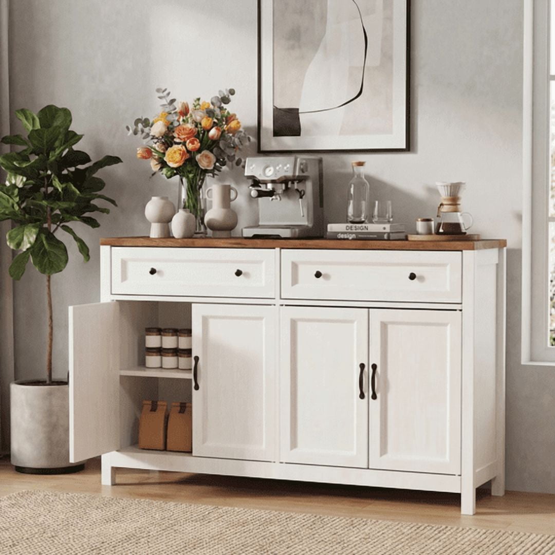 Aiho Storage Cabinet with Drawers, Kitchen Freestanding Floor Cabinet with Doors, 15.7 x 55.1 x 35.3 Inches, Adjustable Shelf, for Kitchen, Living Room, Kitchen- Retro Desktop