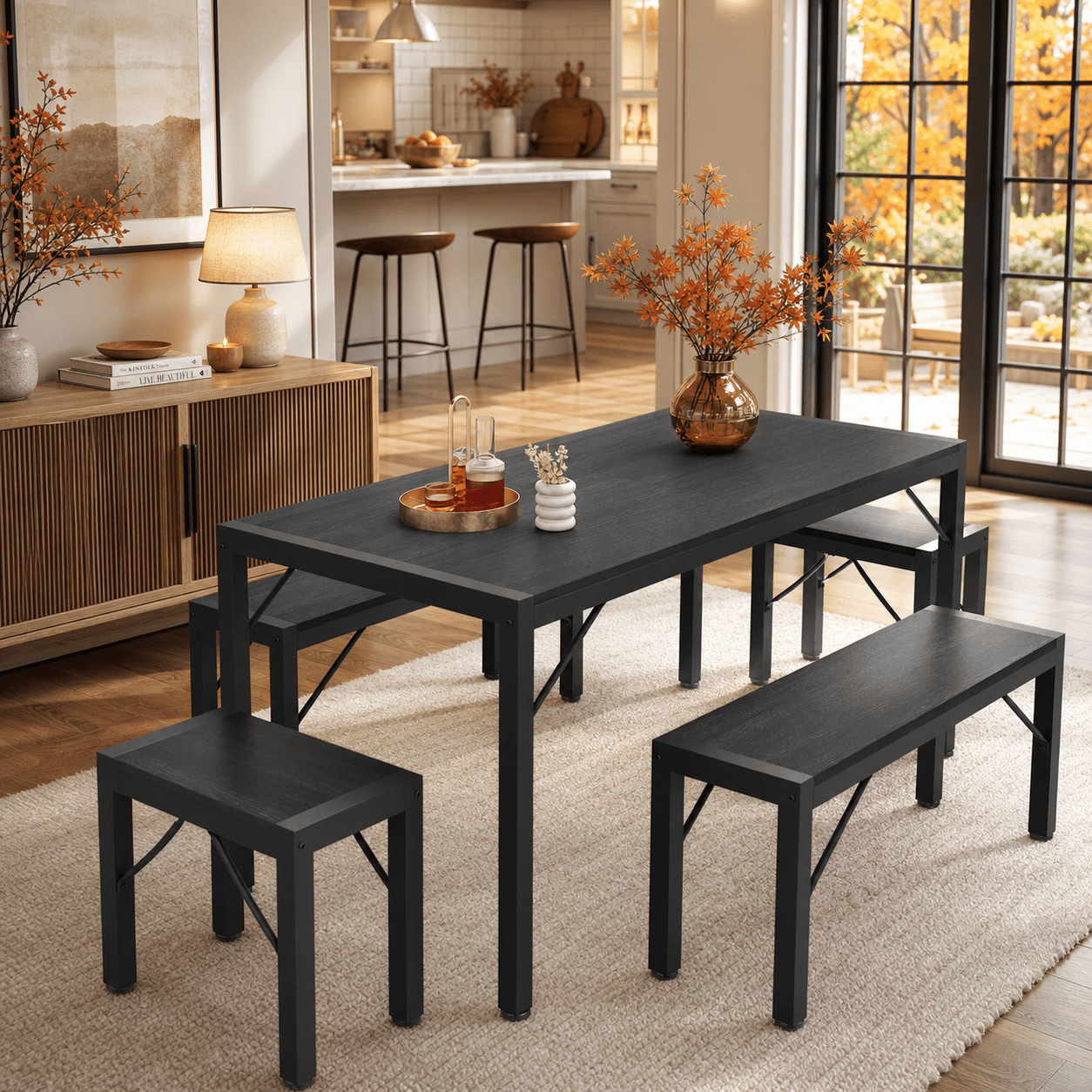 63 Inch Rectangular Dining Table Set for 6, Kitchen Dinner Set with 2 Benches & 2 Stools, Space‑Saving Design, Heavy‑Duty Metal Frame Wood‑Grain MDF Tabletop for Small Apartment Condo Home