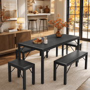 63 Inch Rectangular Dining Table Set for 6, Kitchen Dinner Set with 2 Benches & 2 Stools, Space Saving Design, Heavy Duty Metal Frame Wood Grain MDF Tabletop for Small Apartment Condo Home