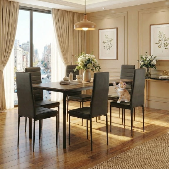 7 Piece Dining Table Set for 6, Kitchen Dining Room Furniture with 6 PU Leather Upholstered Chairs, Suitable for Apartment Small Space, Grey