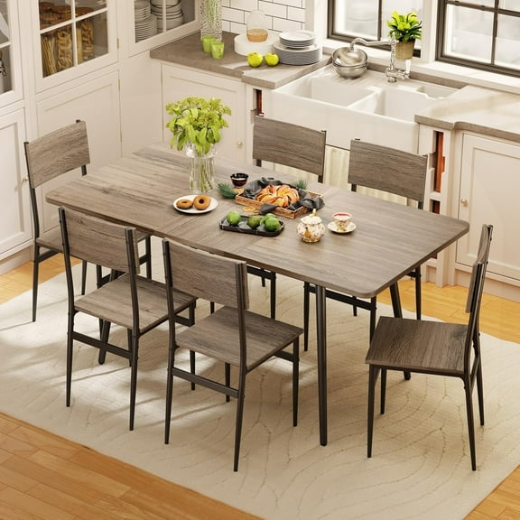 Aiho 63" 7-Piece Large Dining Table Set, Expandable Modern Kitchen Table Set with 6 Chairs, Suitable for 4-6 People, Gray