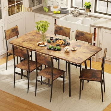 Aiho 63" 7-Piece Large Dining Table Set, Expandable Modern Kitchen Table Set with 6 Chairs, Suitable for 4-6 People, Retro