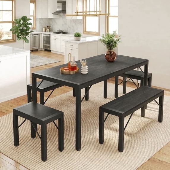 Aiho 63" Dining Table Set for 6, Kitchen Table with 2 Stools & 2 Benches, Wood Dining Room Dinette Sets with Metal Frame for Breakfast Nook and Small Space - Black