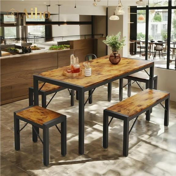 Aiho 63" Dining Table Set for 6, Kitchen Table with 2 Stools & 2 Benches, Wood Dining Room Dinette Sets with Metal Frame for Breakfast Nook and Small Space - Brown