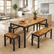 Aiho 63" Dining Table Set for 6, Kitchen Table with 2 Stools & 2 Benches, Wood Dining Room Dinette Sets with Metal Frame for Breakfast Nook and Small Space - Brown