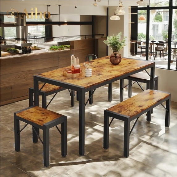 Aiho 63" Dining Table Set for 6, Kitchen Table with 2 Stools & 2 Benches, Wood Dining Room Dinette Sets with Metal Frame for Breakfast Nook and Small Space - Brown