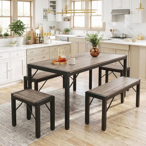 Aiho 63" 6-Seater Dining Set with 2 Stools & 2 Benches, Wood & Metal, Compact for Small Spaces/Breakfast - Gray