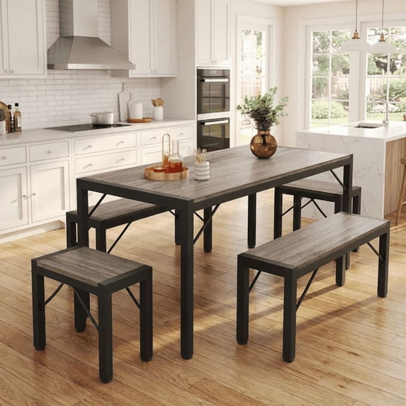 Aiho 63" Dining Table Set for 6, Kitchen Table with 2 Stools & 2 Benches, Wood Dining Room Dinette Sets with Metal Frame for Breakfast Nook and Small Space - Gray