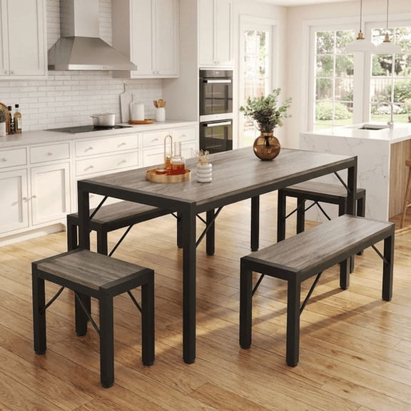 Aiho 63" Dining Table Set for 6, Kitchen Table with 2 Stools & 2 Benches, Wood Dining Room Dinette Sets with Metal Frame for Breakfast Nook and Small Space - Gray