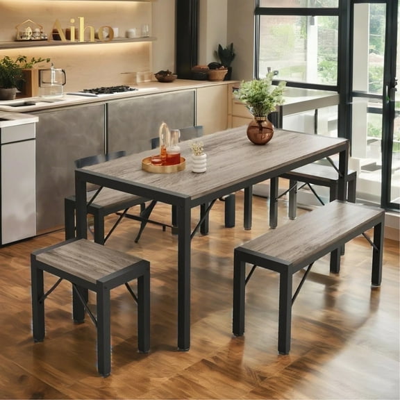 Aiho 63" Dining Table Set for 6, Kitchen Table with 2 Stools & 2 Benches, Wood Dining Room Dinette Sets with Metal Frame for Breakfast Nook and Small Space - Gray