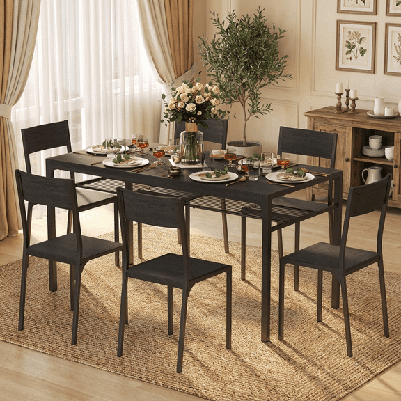 Aiho  Dining Table Set for 4-6 People, 7-Piece Large Dining Table Set With 6 Chairs,  Black