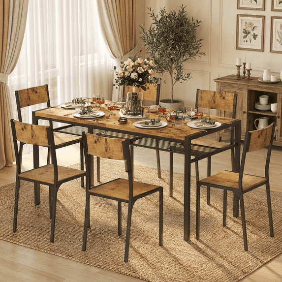 Aiho Dining Table Set for 4-6 People, 7-Piece Large Dining Table Set With 6 Chairs, Retro