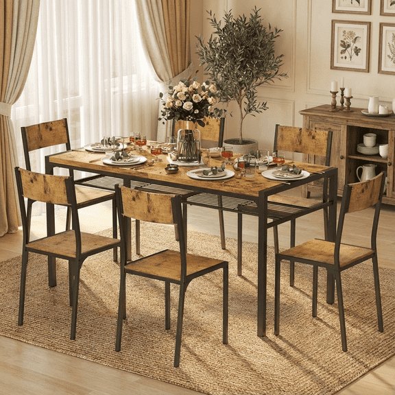 Aiho Dining Table Set for 4-6 People, 7-Piece Large Dining Table Set With 6 Chairs, Retro