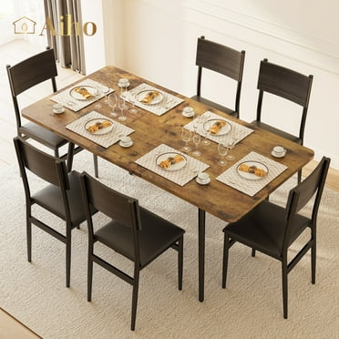 Aiho 63" Extendable Dining Table Set for 4-6 People, 7-Piece Large Dining Table Set With 6 Chairs, Retro