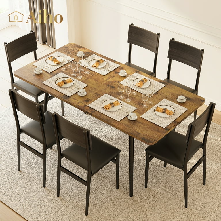 Aiho 63 Extendable Dining Table Set for 4 6 People 7 Piece Large Dining Table Set With 6 Chairs Retro