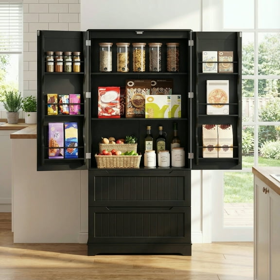 Aiho 63" Freestanding Kitchen Pantry Storage Cabinet with Drawers & Shelves | Multi-Purpose Cabinet for Bathroom, Dining Room & Craft Room (Food Storage Friendly), Black