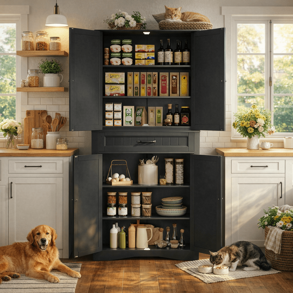 71" Tall Freestanding Storage Cabinet, 4 Doors, Adjustable Shelves and Large Drawer, Multi-Purpose Cabinet for Home Black